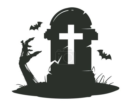 Illustration for Zombie hand sticking out from grave. Halloween tombstone with monster scrawny hand, horror gravestone silhouette flat cartoon vector illustration - Royalty Free Image