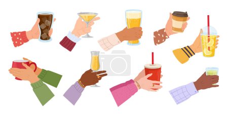 Illustration for Cartoon hands holding drinks. Human hand with coffee mug, tea cup, water or wine glass, cold and warm beverages in female hands flat vector illustration set. Various beverages collection - Royalty Free Image