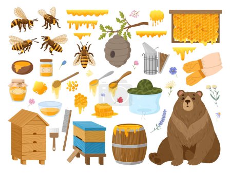 Téléchargez les illustrations : L'apiculture du dessin animé. Miellat, rucher, apiculture, abeilles, cire d'abeille, nid d'abeille, ruche et pot de miel sucré, produits naturels et sains ensemble d'illustration vectorielle plate. Collection apicole - en licence libre de droit