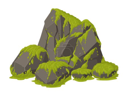 Moos auf Stein. Cartoon-grünes Kriechmoos wächst auf Steinen, Moospflanzen wachsen auf grauen Felsen flache Vektorillustration