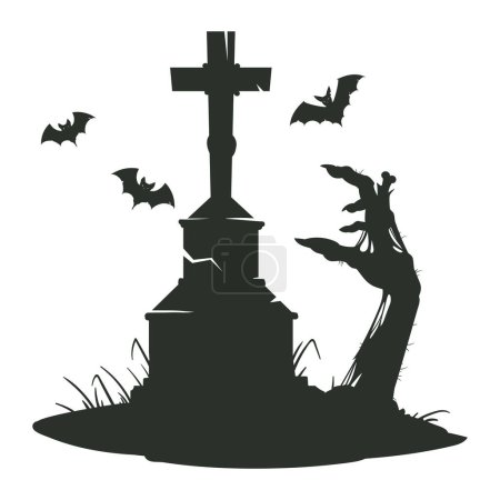 Téléchargez les illustrations : Tombe d'Halloween avec main de monstre. Zombie main maigre se détachant de la silhouette en pierre tombale dessin animé plat vecteur illustration. Affiche effrayant Halloween - en licence libre de droit