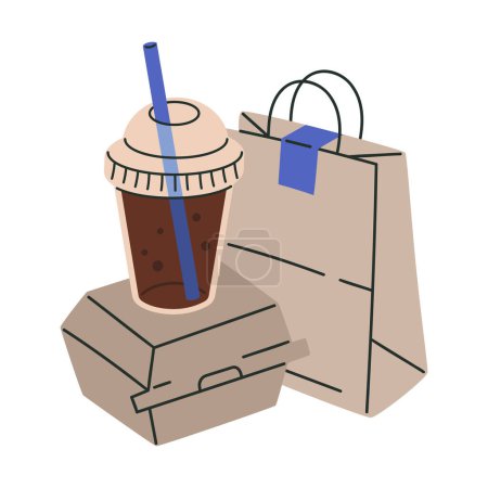 Illustration for Paper disposable food delivery containers. Takeaway food delivery packaging, fast food paper bag, box and plastic coffee cup flat vector illustration - Royalty Free Image