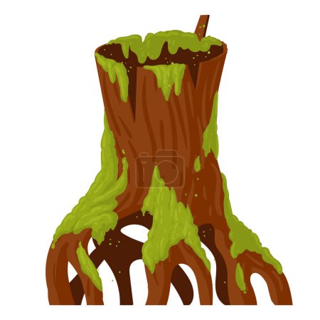 Illustration for Moss on wood stump. Cartoon swamp moss growing on rotten stump, rainy forest lichen plants flat vector illustration on white background - Royalty Free Image