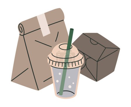Ilustración de Envases de comida para llevar. Papel contenedores de entrega desechables, bolsa de papel de comida rápida, caja y taza de plástico plana vector ilustración - Imagen libre de derechos