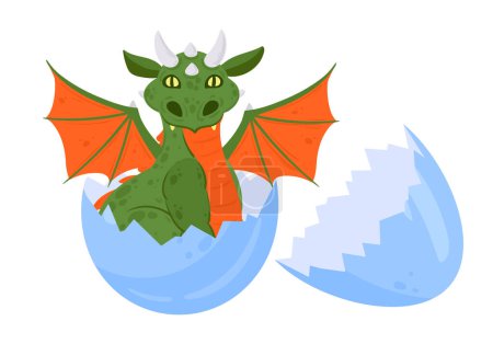 Illustration for Cartoon baby dragon. Cute newborn medieval baby dragon. Winged little dragon flat vector illustration on white background - Royalty Free Image