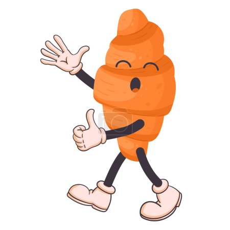 Ilustración de Mascota de croissant de dibujos animados. Producto francés de panadería emoji con cara, brazos y piernas. Hojaldre desayuno bollo carácter plana vector ilustración - Imagen libre de derechos