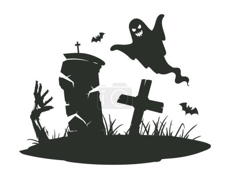 Illustration for Cartoon grave with zombie hand and ghost. Halloween monster zombie scrawny hand sticking out from gravestone silhouette flat vector illustration. Creepy Halloween poster - Royalty Free Image