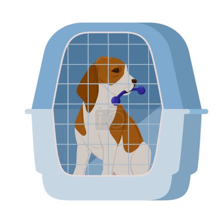 Illustration for Cartoon spaniel in dog cage. Dog help adoption shelter or pet shop, cocker spaniel puppy in dog hotel flat vector illustration - Royalty Free Image