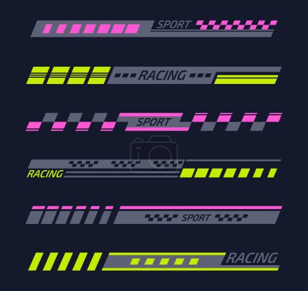 Illustration for Sports racing tuning stickers. Racing sport stripes for motorbike, sport car and boat, motor vehicle tuning bars flat vector illustration set - Royalty Free Image