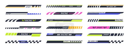 Illustration for Racing sport stripes. Sports racing tuning decals, motorbike, sport car and boat stickers, vehicle tuning bars flat vector illustration collection - Royalty Free Image