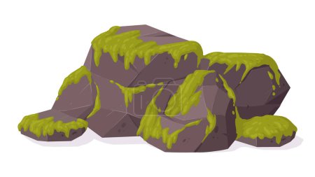 Illustration for Jungle moss on stone. Cartoon moss plants grows on grey rock, green creeping moss on cobblestone flat vector illustration - Royalty Free Image