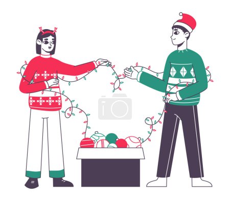 Illustration for People with Christmas tree decorations. Couple or family decorating xmas tree, Christmas holidays preparation flat vector illustration - Royalty Free Image