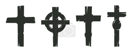 Illustration for Grave crosses. Cartoon halloween spooky decoration silhouettes, old cemetery crosses flat vector illustration set. Halloween party gloomy decor - Royalty Free Image