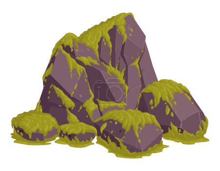 Illustration for Green creeping moss grows on stone. Cartoon moss on grey stone, moss plants grows on rock flat vector illustration - Royalty Free Image