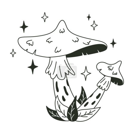 Illustration for Magic forest mushroom. Mystical doodle autumn forest plant, hand drawn boho mushroom flat vector illustration. Magic mushroom silhouette - Royalty Free Image
