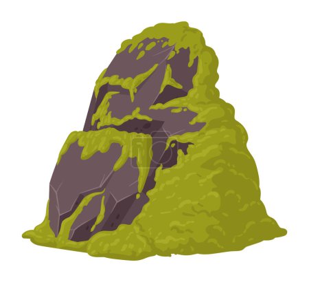 Illustration for Moss plants grows on rock. Cartoon green creeping moss grows on stone. Moss on grey granite stone flat vector illustration - Royalty Free Image
