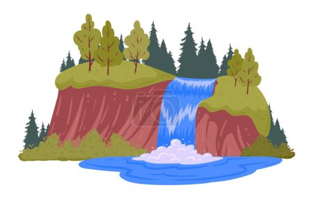 Téléchargez les illustrations : Cascade de rivière sauvage. Dessin animé vue sur la forêt avec cascade d'eau, collines et arbres avec cascades illustration vectorielle plate - en licence libre de droit