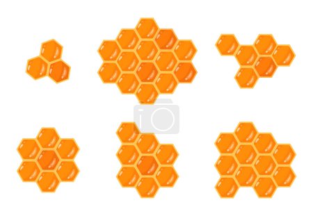 Illustration for Cartoon honeycombs. Sweet honey geometric hexagonal combs, beekeeping, honeycraft and apiary flat vector illustration set. Polygonal honeycomb with honey - Royalty Free Image