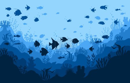 Illustration for Cartoon underwater view. Ocean or sea landscape with fish, underwater animals and plants flat vector illustration. Coral reef fauna background - Royalty Free Image