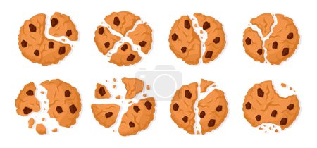 Illustration for Cookie crumbs. Cartoon chocolate chip biscuits with crumbs. Homemade chocolate oatmeal cookies flat vector illustration set. Tasty crunchy cookies - Royalty Free Image