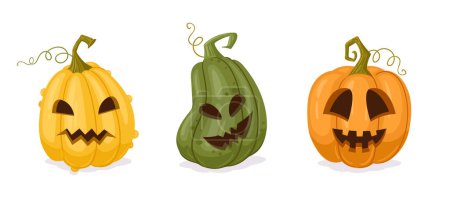 Illustration for Halloween pumpkins. Cartoon carved pumpkin jack-o-lanterns, spooky Halloween decorations. Scary pumpkins evil faces flat vector illustration set - Royalty Free Image