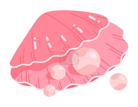 Ilustración de Concha de vieira con perlas. Cáscara de mar dibujada a mano con perlas, mariscos marinos. Concha de almeja rosa, fauna marina oceánica ilustración vectorial plana - Imagen libre de derechos