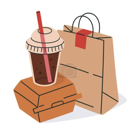Illustration for Disposable paper packaging. Food delivery bag, takeaway cardboard fast food containers, box and plastic cup flat vector illustration - Royalty Free Image