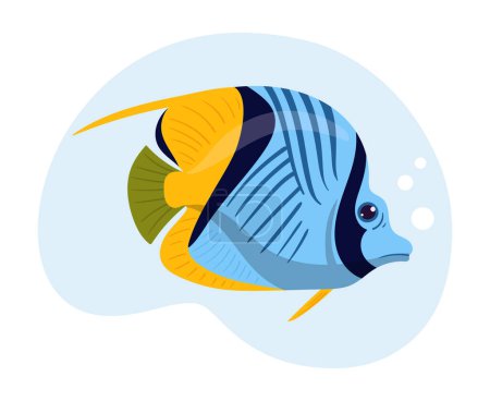 Téléchargez les illustrations : Des poissons tropicaux. Dessin animé aquarium exotique ou poissons sauvages sous-marins, faune sous-marine illustration vectorielle plate sur fond blanc - en licence libre de droit