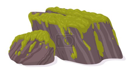 Illustration for Cartoon moss on stone. Green moss grows on stone, moss plants creeping on grey rock flat vector illustration - Royalty Free Image