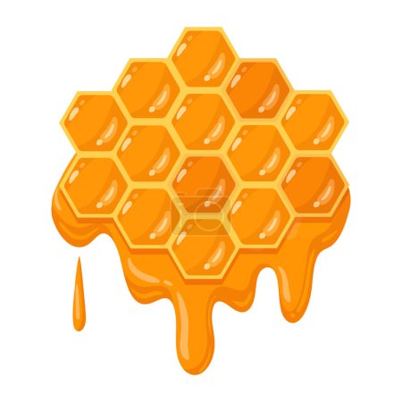 Téléchargez les illustrations : Bande dessinée en nid d'abeille. Peigne en nid d'abeille avec miel fondant doux, miel d'abeille et concept d'apiculture. Peigne en miel illustration vectorielle plate - en licence libre de droit