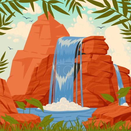 Téléchargez les illustrations : Affiche de la cascade de la rivière Cartoon. Paysage naturel sauvage avec des roches et des arbres. Illustration vectorielle plate cascade d'eau - en licence libre de droit