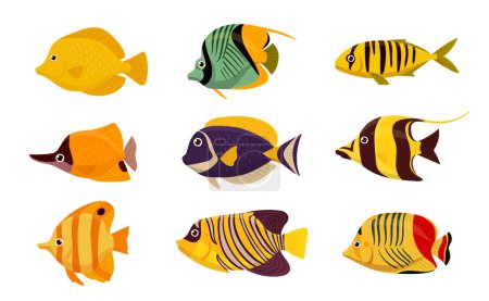 Ilustración de Peces tropicales de dibujos animados. Acuario o peces salvajes bajo el agua. Oceánica fauna marina colorida plana vector ilustración conjunto. Colección de peces de agua salada - Imagen libre de derechos