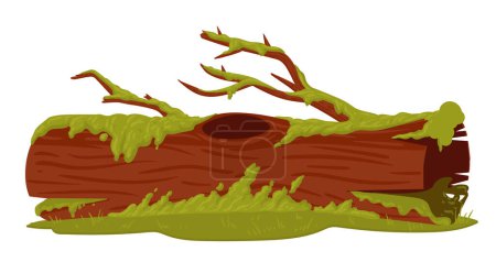 Illustration for Wood trunk with moss. Cartoon swamp moss growing on rotten log. Rainy forest lichen plants grows on wooden log flat vector illustration - Royalty Free Image