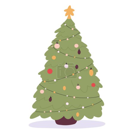 Illustration for Christmas fur tree. Cartoon xmas decorated green xmas tree, winter holiday symbol. Christmas fir tree flat vector illustration - Royalty Free Image