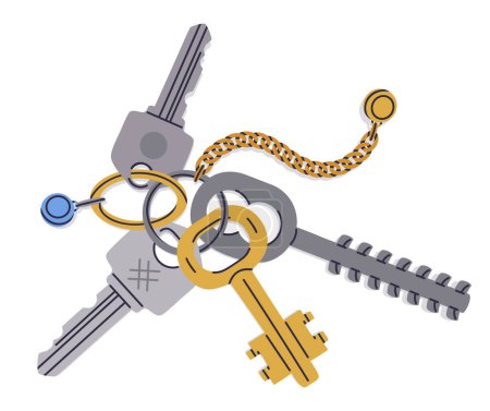 Illustration for Flat bunch of keys. Hand drawn apartment or house keys. Real estate property locking keys cartoon vector illustration. Key bunch with keyring, keychain and plastic tag - Royalty Free Image