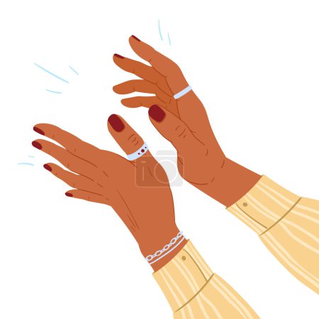 Illustration for Hands applauding. Human clapping hands, woman clap her hands, greeting or ovation gesture. Applauding hand palms flat vector illustration - Royalty Free Image