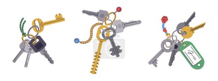 Illustration for Hand drawn key bunches. Apartment or house door keys with keyring, keychain and plastic tag. Door key bunches flat vector illustration set. Real estate property entrance keys - Royalty Free Image