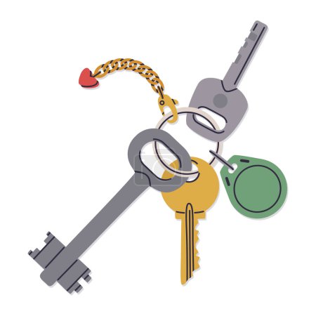 Ilustración de Un grupo de llaves. Modernas llaves de entrada de propiedades inmobiliarias, llaves de puerta con llavero e ilustración de vector plano de etiqueta de plástico. Llaves de casa o apartamento - Imagen libre de derechos