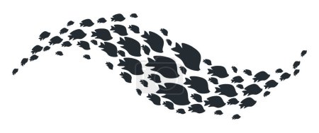 Téléchargez les illustrations : Banc de poissons tropicaux. Caricature exotique groupe de natation de poissons sous-marins, silhouettes de bancs de poissons. Illustration vectorielle plate du haut-fond récifal corallien - en licence libre de droit
