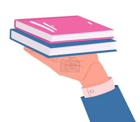 Illustration for Cartoon hand holding book stuck. Hand holding books, reading, studying and literature loving concept flat vector illustration. Paper books in human hand - Royalty Free Image