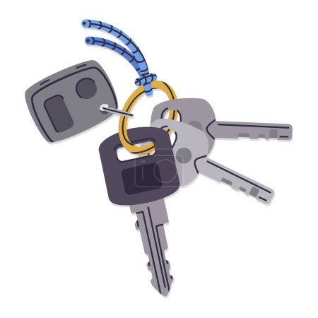 Illustration for Car keys bunch. Modern apartment and car keys, door keys with keyring flat vector illustration on white background - Royalty Free Image