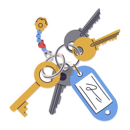 Illustration for Door keys. Real estate property entrance keys, modern key bunch with plastic tag and keychain. Apartment keys flat vector illustration - Royalty Free Image