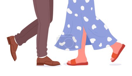 Téléchargez les illustrations : Jambes marchantes. Homme et femme marchent l'un vers l'autre, heureux couple romantique marchant dans des vêtements décontractés à la mode illustration vectorielle plat - en licence libre de droit