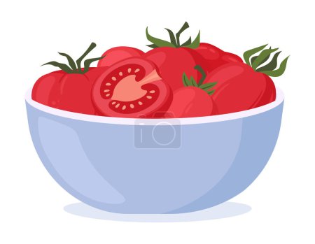 Téléchargez les illustrations : Dessin animé tomates dans un bol. Légumes rouges, tomates cerises fraîches savoureuses dans un bol illustration vectorielle plate. Légumes de tomates - en licence libre de droit