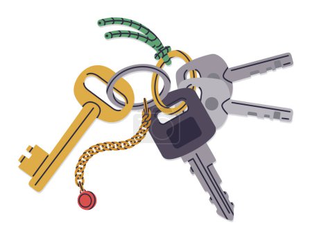 Illustration for Bunch of keys. Hand drawn house or apartment keys with keyring and keychain flat vector illustration. Real estate entrance locking keys - Royalty Free Image