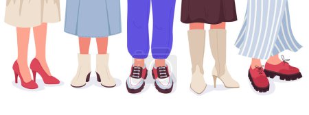 Illustration for Human legs wearing shoes. Cartoon people wear casual boots, leather loafers and sneakers, trendy male and female outfits. Fashion footwear flat vector illustration set - Royalty Free Image
