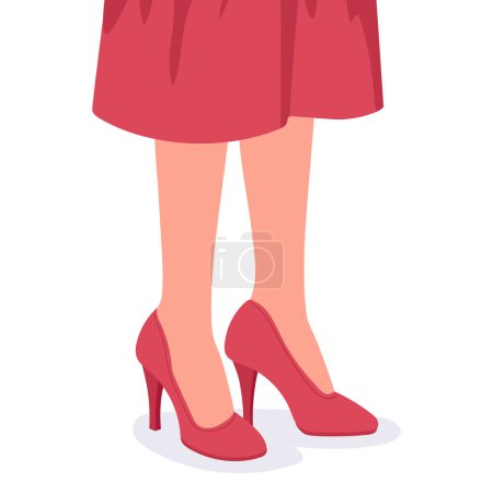 Ilustración de Patas de mujer. Mujer con tacón rojo y falda, ropa femenina de moda. Las piernas de la señora en zapatos de moda plana vector ilustración - Imagen libre de derechos