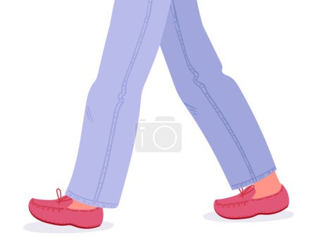 Illustration for Walking legs in moccasins.Female legs wearing jeans and trendy shoes, casual female footwear. Stylish moccasins flat vector illustration - Royalty Free Image