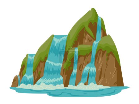 Ilustración de Cascada de chorro. Cascada de agua de dibujos animados, cascada de río de montaña paisaje ilustración vectorial plana. Cascada de naturaleza salvaje - Imagen libre de derechos