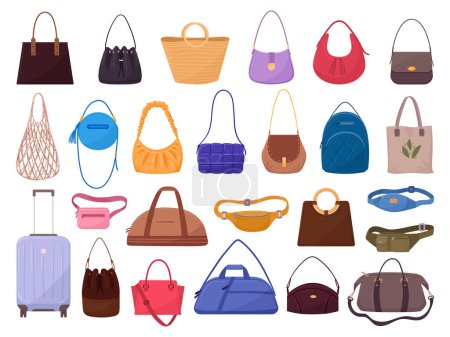Illustration for Stylish woman bags. Casual leather bags, shopper, satchel, tote, purse and waist bags, fashionable women accessories flat vector illustration set. Modern female accessory collection - Royalty Free Image